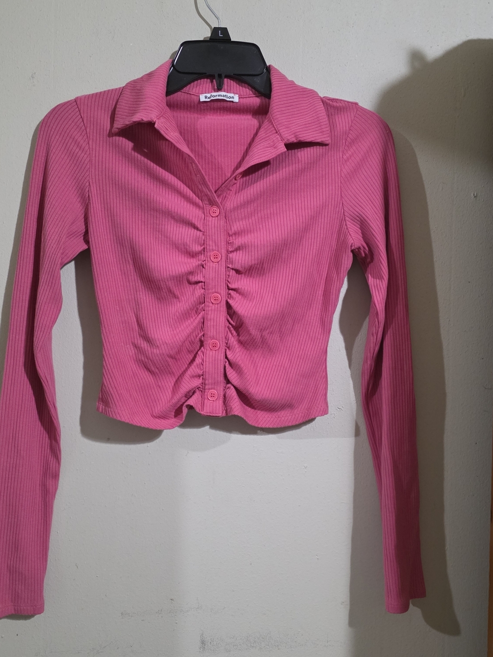 Reformation Pink Ribbed Ruched Button-Front Crop Shirt